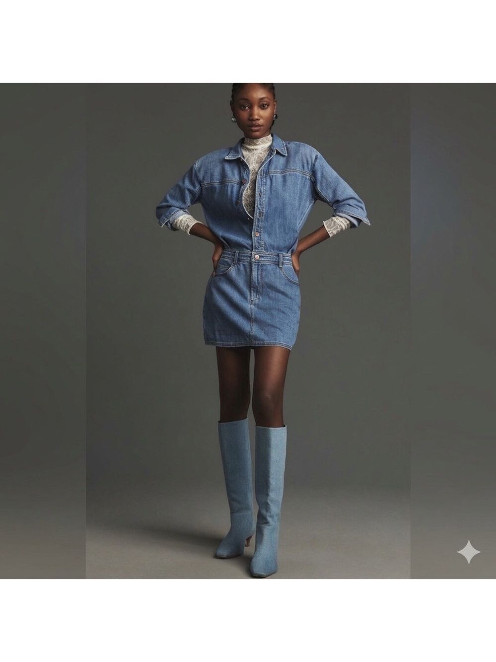 Pilcro Long-Sleeve Denim Micro Mini Shirt Dress Size Medium Blue Anthropologie